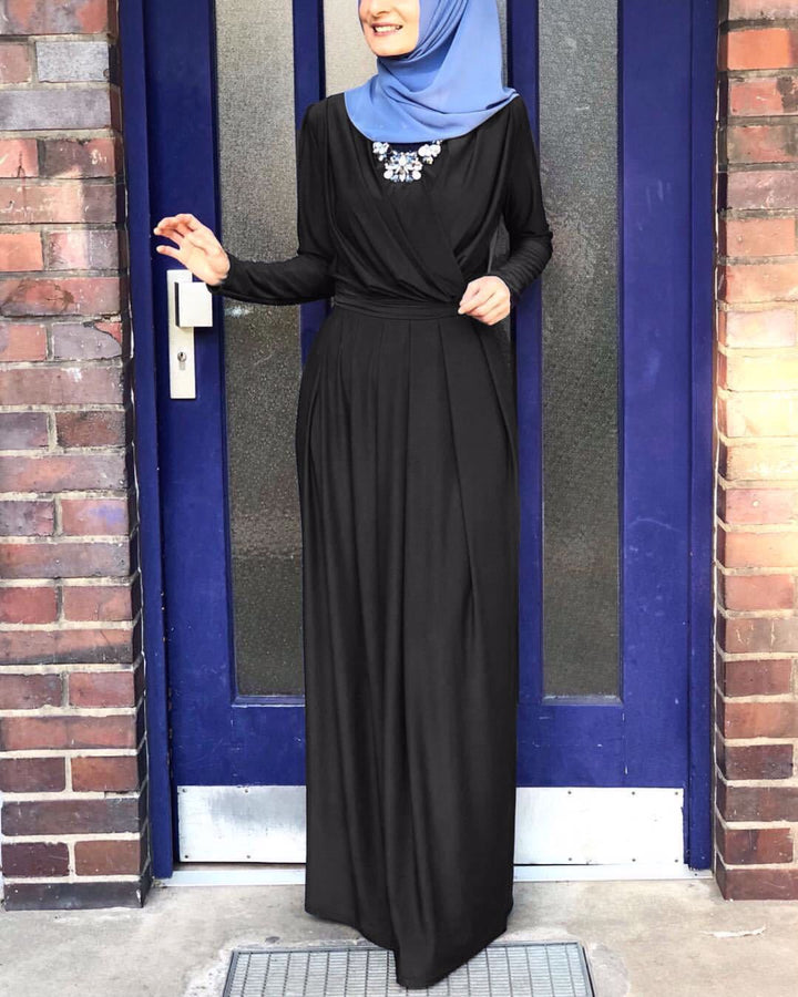 European And American New Style Abaya Dress V-neck Folds And Mopping Floor Skirt - Muhaab