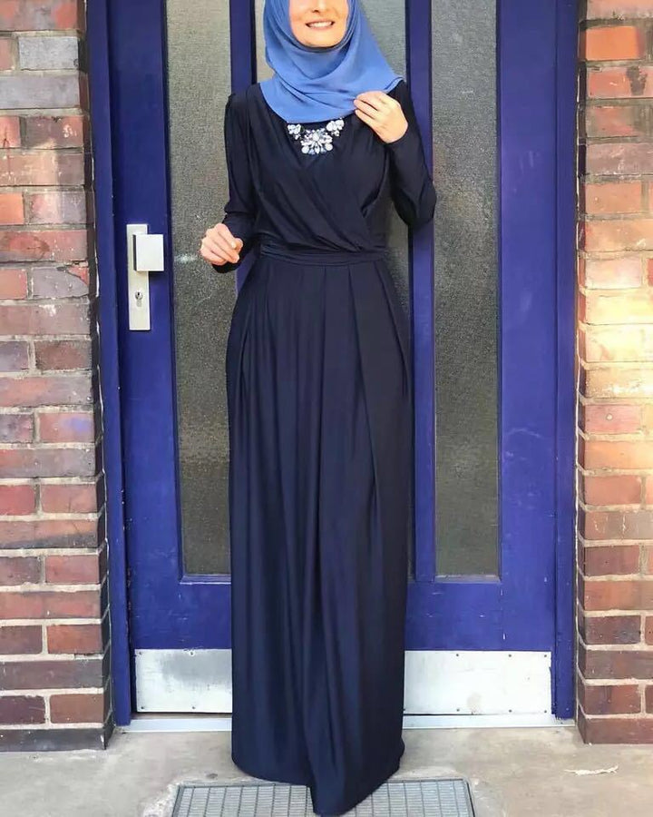 European And American New Style Abaya Dress V-neck Folds And Mopping Floor Skirt - Muhaab