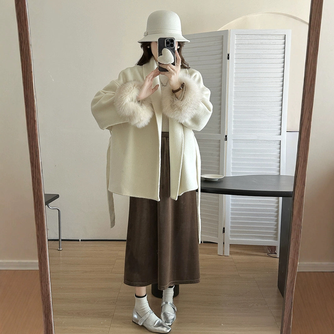 Lace-up Green Collar Double-sided Wool Coat