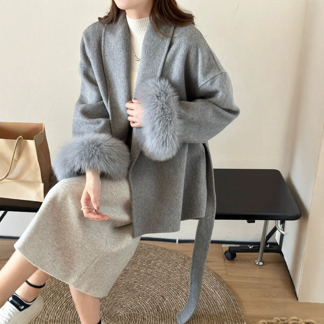 Lace-up Collar Double-sided Wool Coat