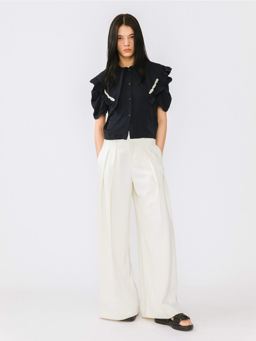 Large Lapel Strass Puff Sleeves T-Shirt
