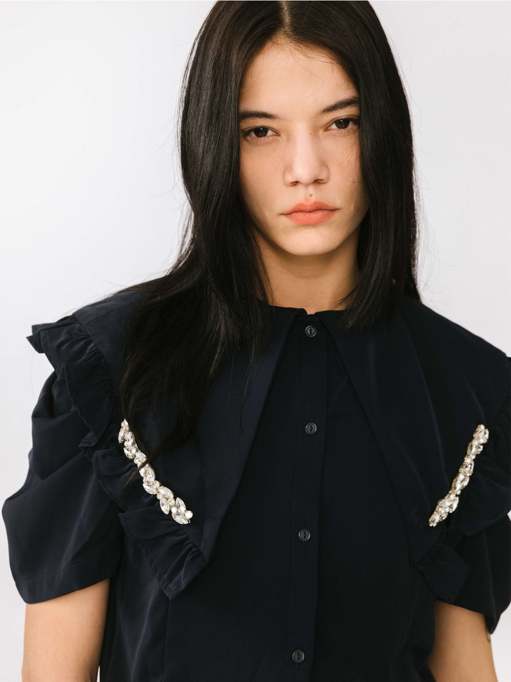 Large Lapel Strass Puff Sleeves T-Shirt