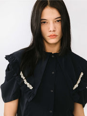 Large Lapel Strass Puff Sleeves T-Shirt