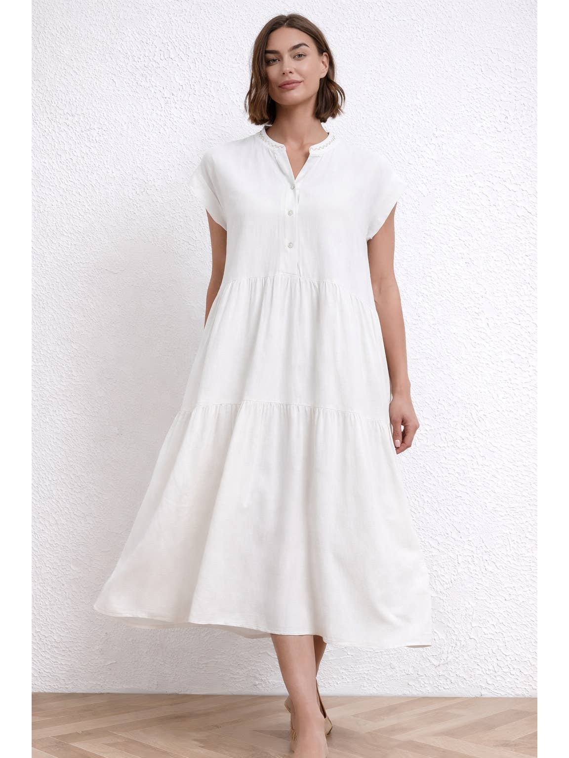 Minimalist Tiered Relaxed Notch Neck Midi Dress
