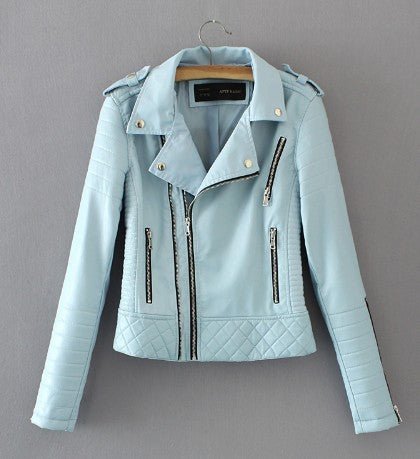 New Fashion Women Spring Autumn Soft Faux Leather Jackets Lady Motorcyle Zippers Biker Blue Coats Black Outerwear  - Muhaab