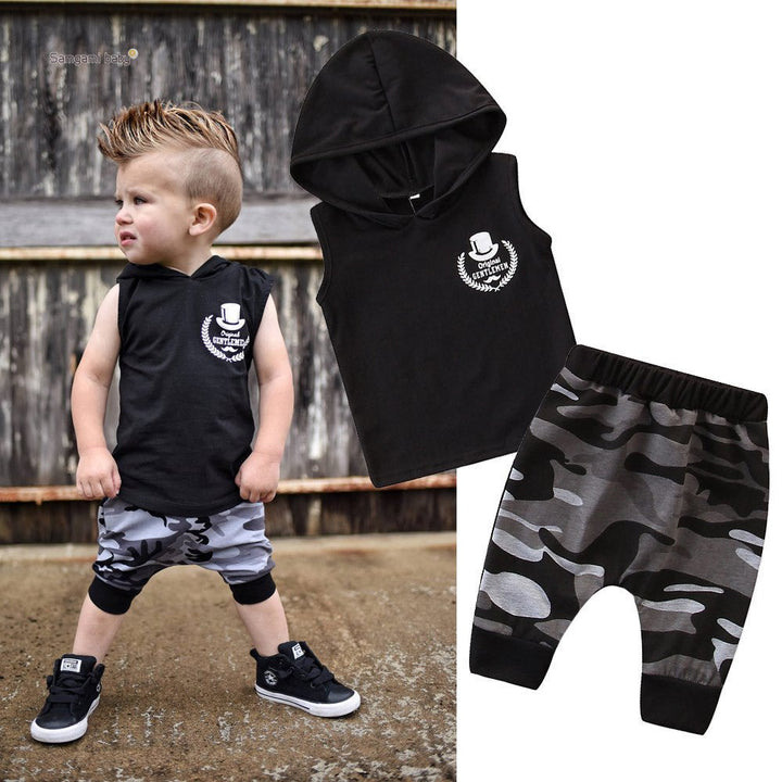 2PCS Toddler Kids Baby Boy Sleeveless Hooded Clothes T-shirt Tops Camo Pants Outfits - Muhaab