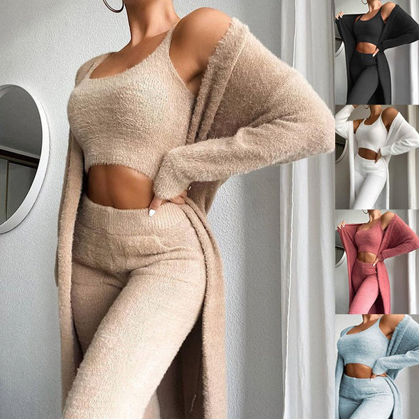 3pcs Womens Clothing Fashion Solid Fluffy Plain Crop Top & Skinny Pants & Longline Coat Set Warm Cozy Suit Sets - Muhaab