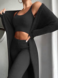 3pcs Womens Clothing Fashion Solid Fluffy Plain Crop Top & Skinny Pants & Longline Coat Set Warm Cozy Suit Sets - Muhaab