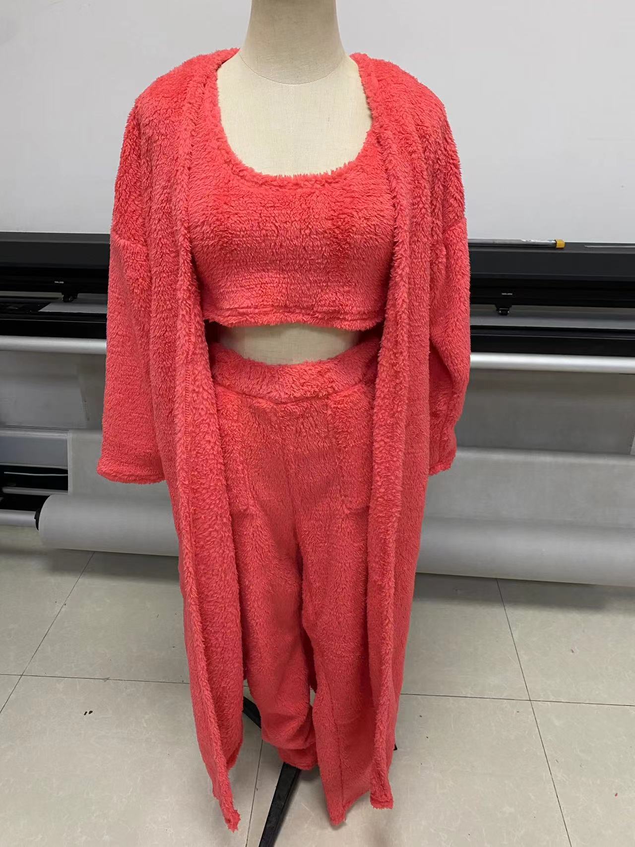 3pcs Womens Clothing Fashion Solid Fluffy Plain Crop Top & Skinny Pants & Longline Coat Set Warm Cozy Suit Sets - Muhaab