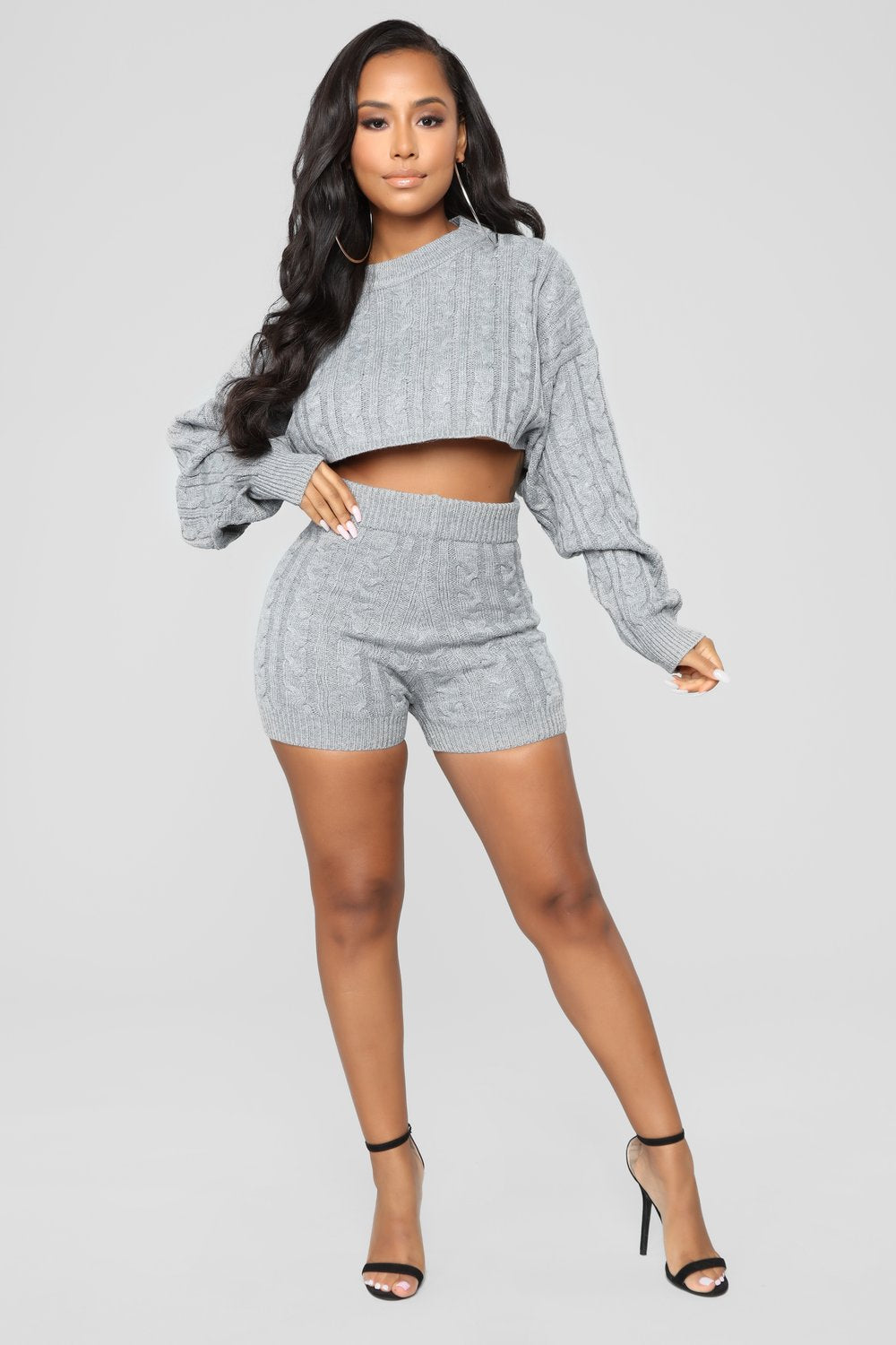 2 Piece Set Women Long Sleeve Crop Tops