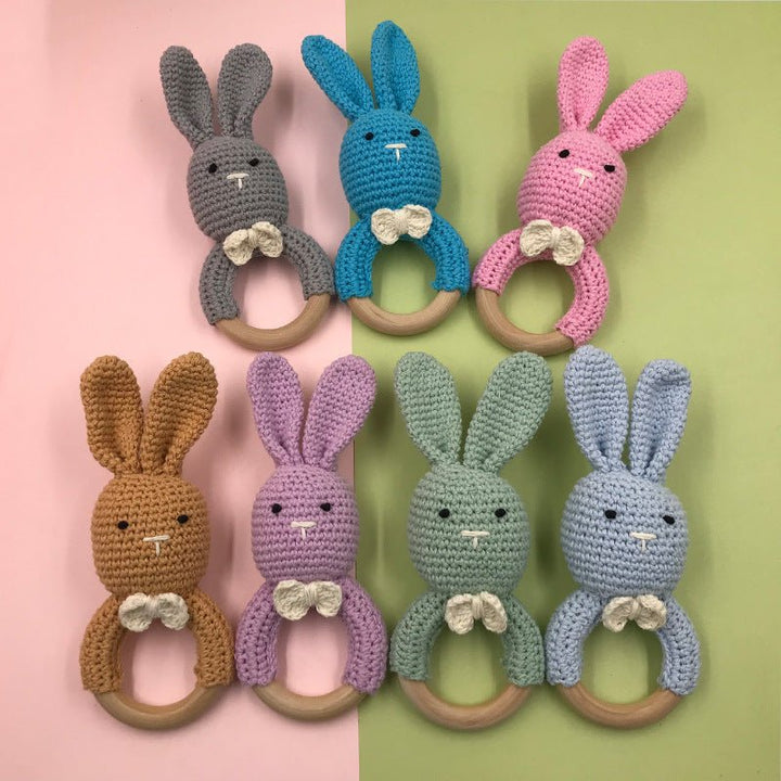 Baby Bunny Ear Teether Wooden Teething Ring Newborn Sensory Toy Shower Gift Baby Care - Muhaab