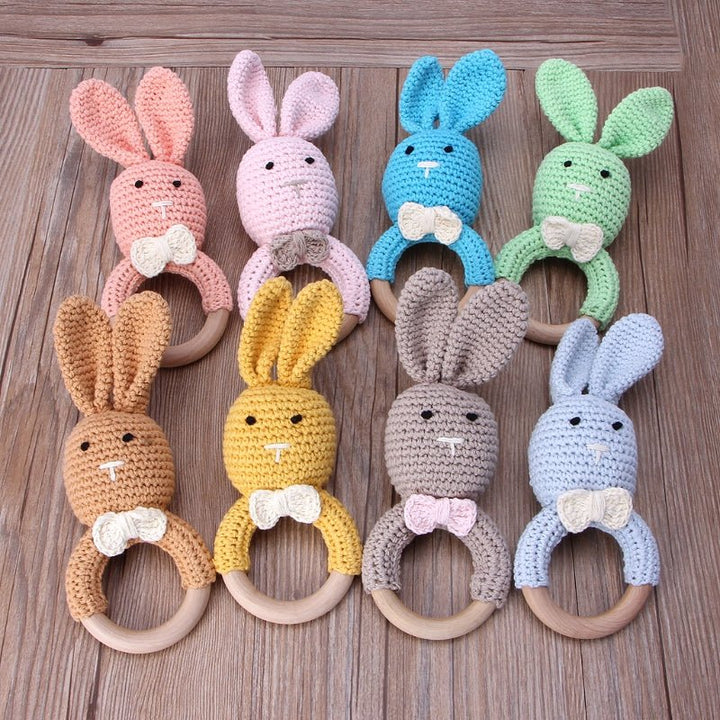 Baby Bunny Ear Teether Wooden Teething Ring Newborn Sensory Toy Shower Gift Baby Care - Muhaab