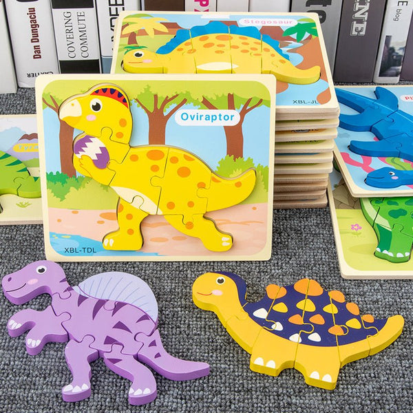 Baby Wooden Cartoon Dinosaur 3D Puzzle Jigsaw for Kids Montessori Early Learning Educational Puzzle Toys - Muhaab