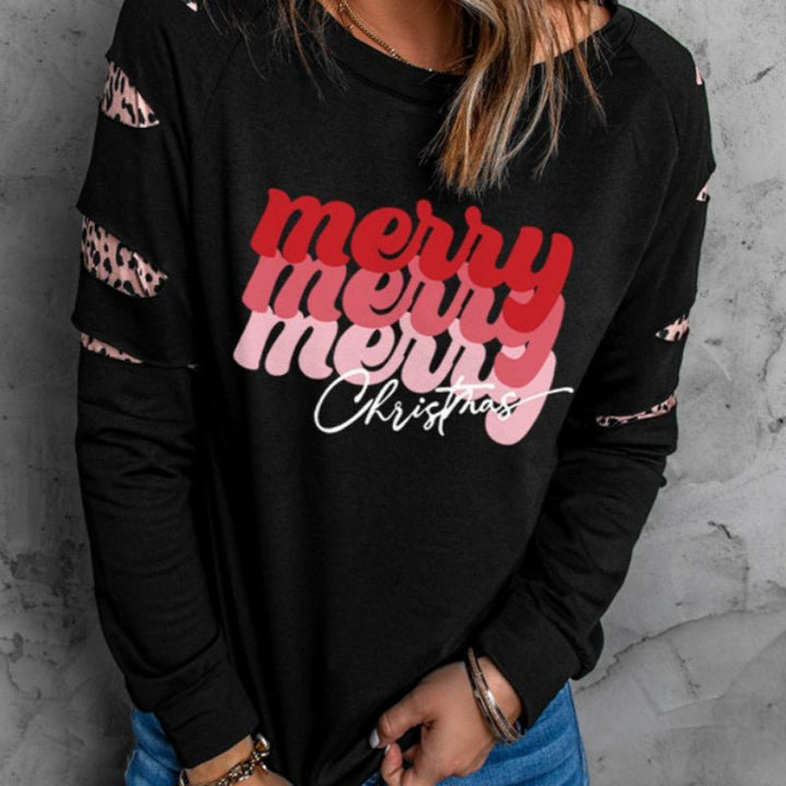 Black Merry Christmas Women Long Sleeve Crew Neck Sweater - Muhaab