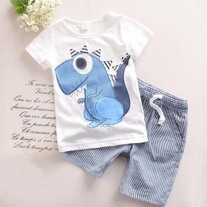 Boy Cartoon Dinosaur Short Sleeve Stripe Shorts Set - Muhaab