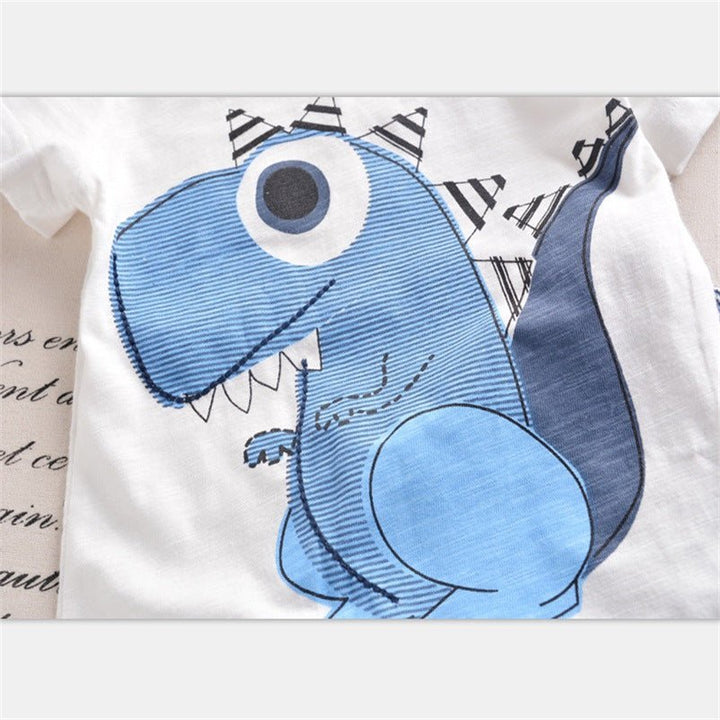 Boy Cartoon Dinosaur Short Sleeve Stripe Shorts Set - Muhaab