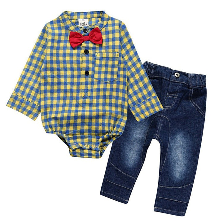 Boy Gentleman Plaid Suit Baby One-Piece Suit Bag Fart Clothes Jeans Kids Suit - Muhaab