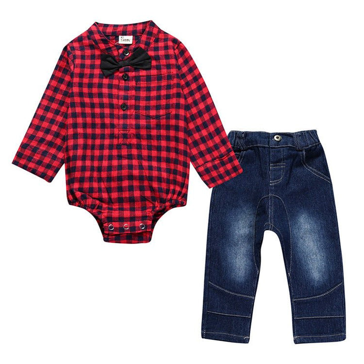 Boy Gentleman Plaid Suit Baby One-Piece Suit Bag Fart Clothes Jeans Kids Suit - Muhaab