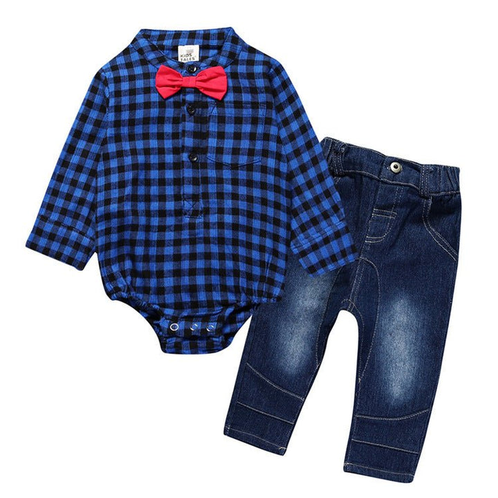 Boy Gentleman Plaid Suit Baby One-Piece Suit Bag Fart Clothes Jeans Kids Suit - Muhaab