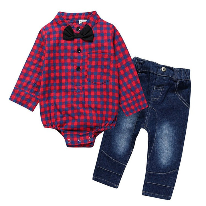 Boy Gentleman Plaid Suit Baby One-Piece Suit Bag Fart Clothes Jeans Kids Suit - Muhaab