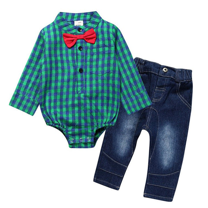 Boy Gentleman Plaid Suit Baby One-Piece Suit Bag Fart Clothes Jeans Kids Suit - Muhaab