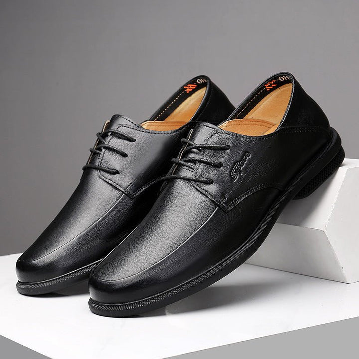 Business Dress Casual Leather Shoes Men's Korean Fashion British Youth Soft Leather Pointed Black Inner Height - Muhaab