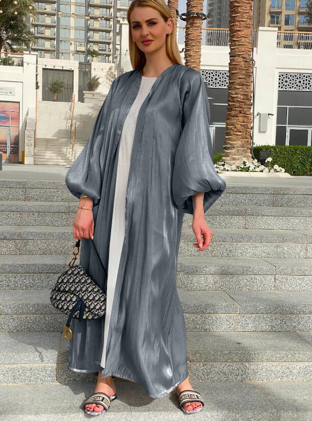 Eid Muslim Abaya Dress Kimono For Women Fashion Shining Silk Abayas Cardigan Puff Sleeve Dubai Turkey Clothes - Muhaab