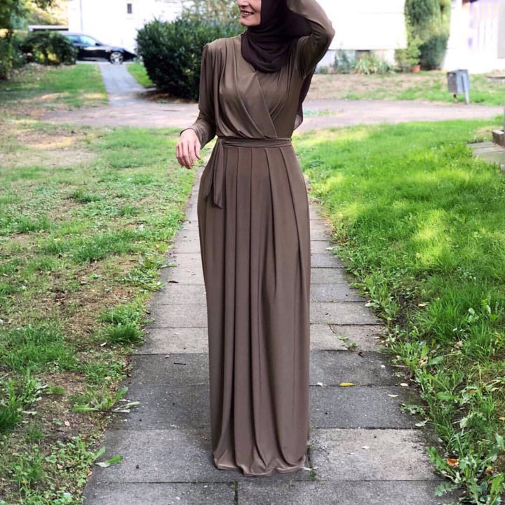 European And American New Style Abaya Dress V-neck Folds And Mopping Floor Skirt - Muhaab