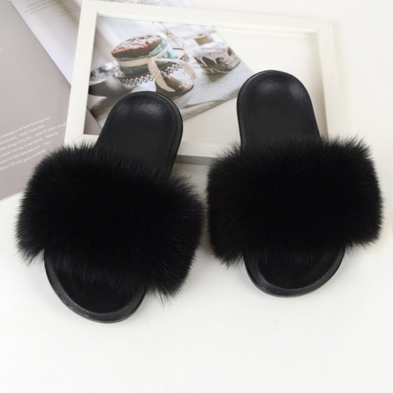 Faux Fox Fur Slippers Women Non Slip Plush Slippers - Muhaab