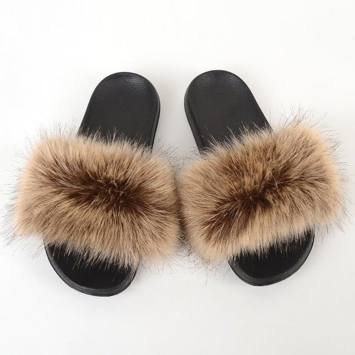 Faux Fox Fur Slippers Women Non Slip Plush Slippers - Muhaab