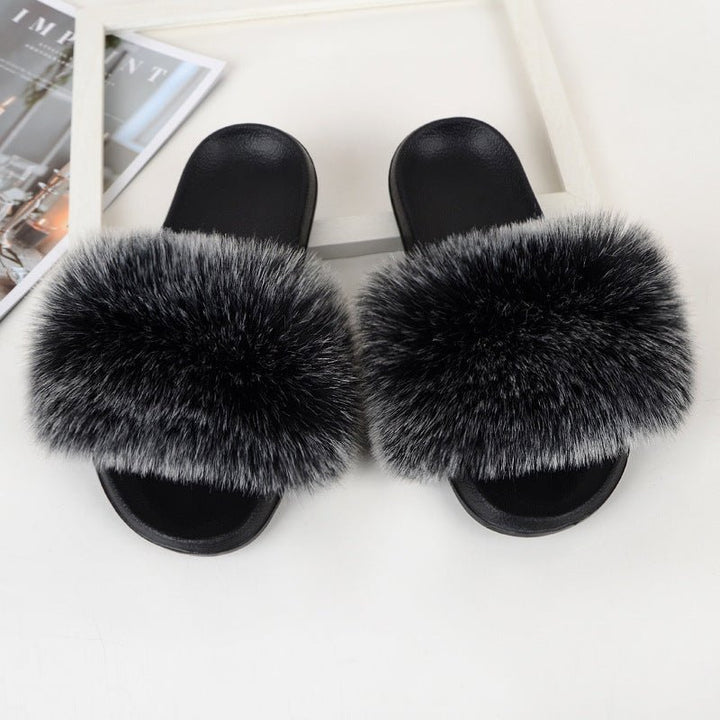 Faux Fox Fur Slippers Women Non Slip Plush Slippers - Muhaab