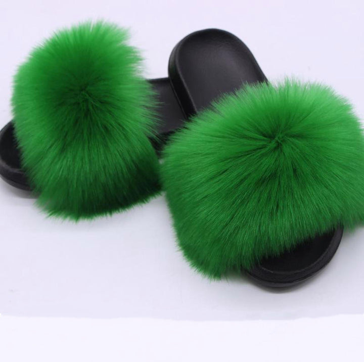 Faux Fox Fur Slippers Women Non Slip Plush Slippers - Muhaab