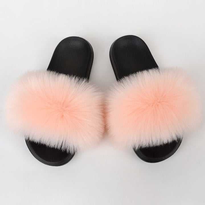 Faux Fox Fur Slippers Women Non Slip Plush Slippers - Muhaab