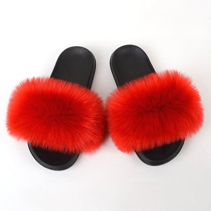 Faux Fox Fur Slippers Women Non Slip Plush Slippers - Muhaab