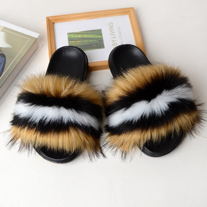 Faux Fox Fur Slippers Women Non Slip Plush Slippers - Muhaab