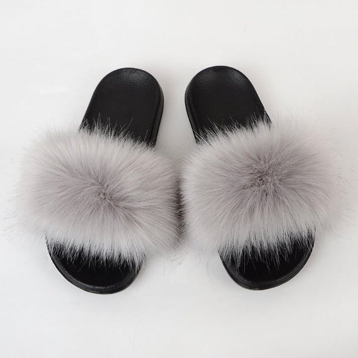 Faux Fox Fur Slippers Women Non Slip Plush Slippers - Muhaab