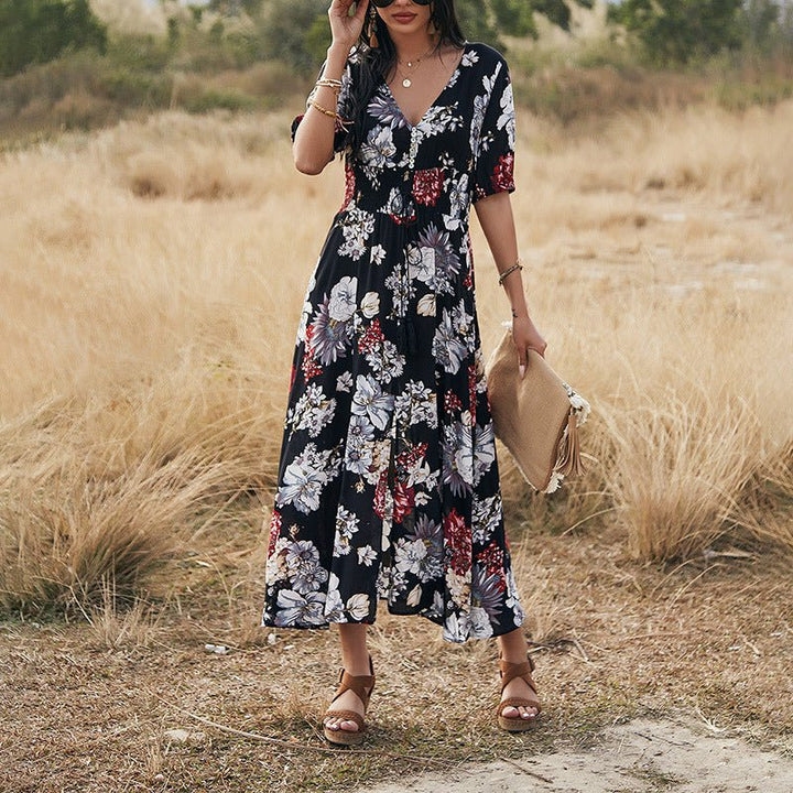 Floral Summer Beach Dress With V Neck Elastic Waist Dresses For Women - Muhaab