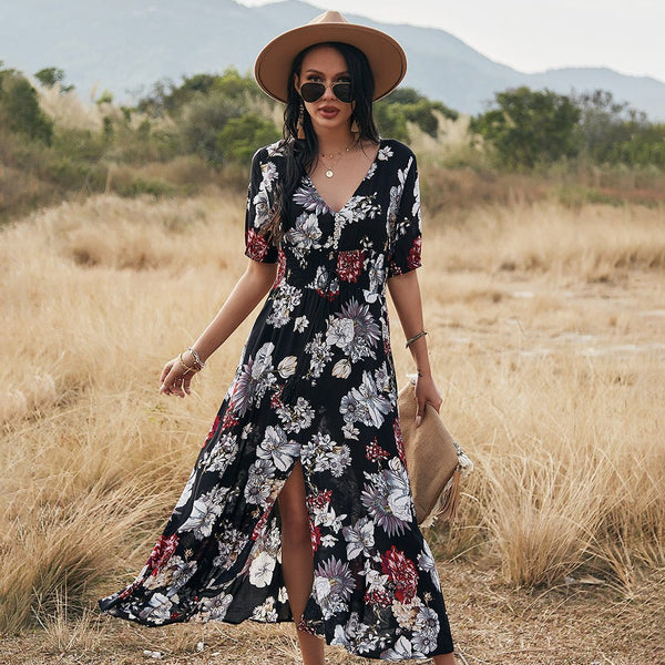 Floral Summer Beach Dress With V Neck Elastic Waist Dresses For Women - Muhaab