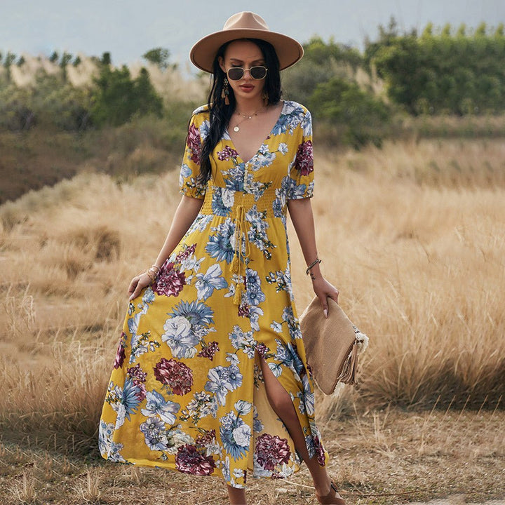 Floral Summer Beach Dress With V Neck Elastic Waist Dresses For Women - Muhaab