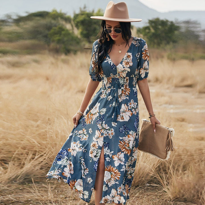 Floral Summer Beach Dress With V Neck Elastic Waist Dresses For Women - Muhaab