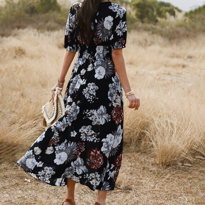 Floral Summer Beach Dress With V Neck Elastic Waist Dresses For Women - Muhaab