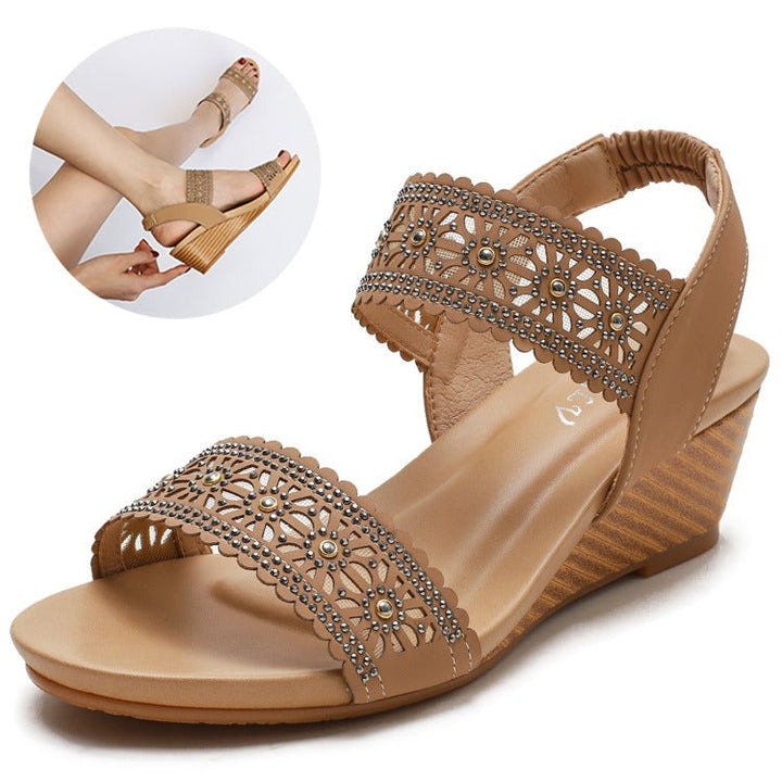 Flower Hollow Out Sandals With Rhinestones Wedges Shoes Women - Muhaab