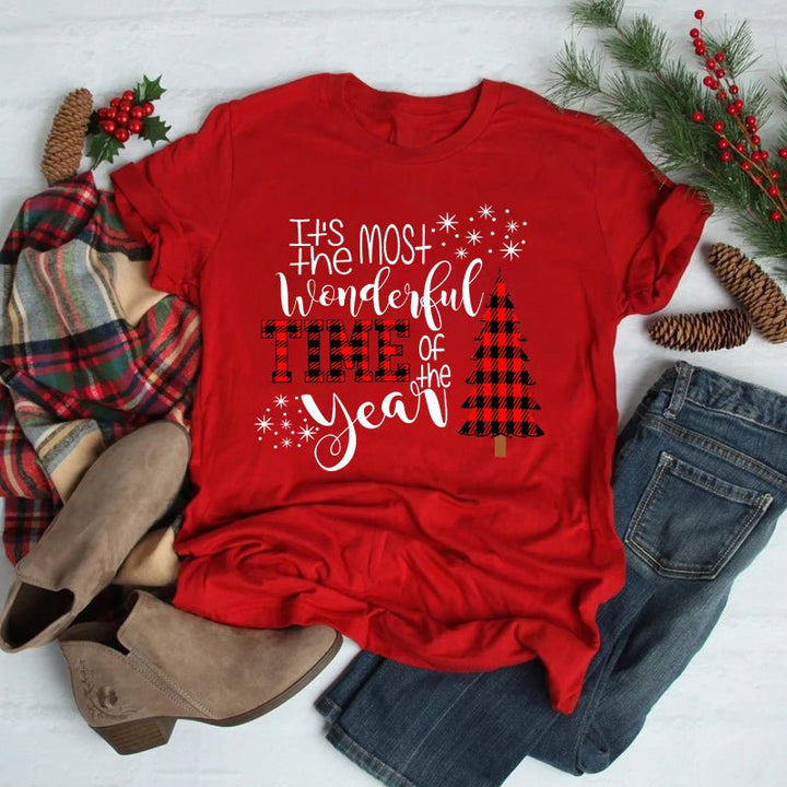 Foreign Trade Christmas Tree T-shirt Men And Women Red - Muhaab