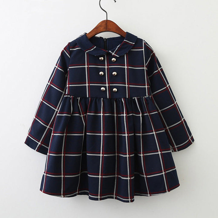 Girl long sleeve lapel plaid dress - Muhaab