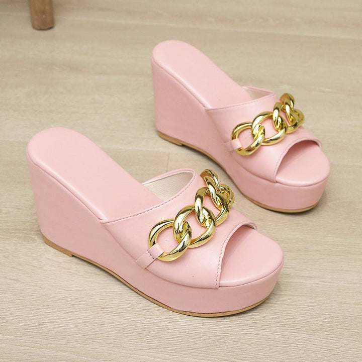 Gold Chain Shoes High Heel Wedges Slippers Women Slides Sandals - Muhaab