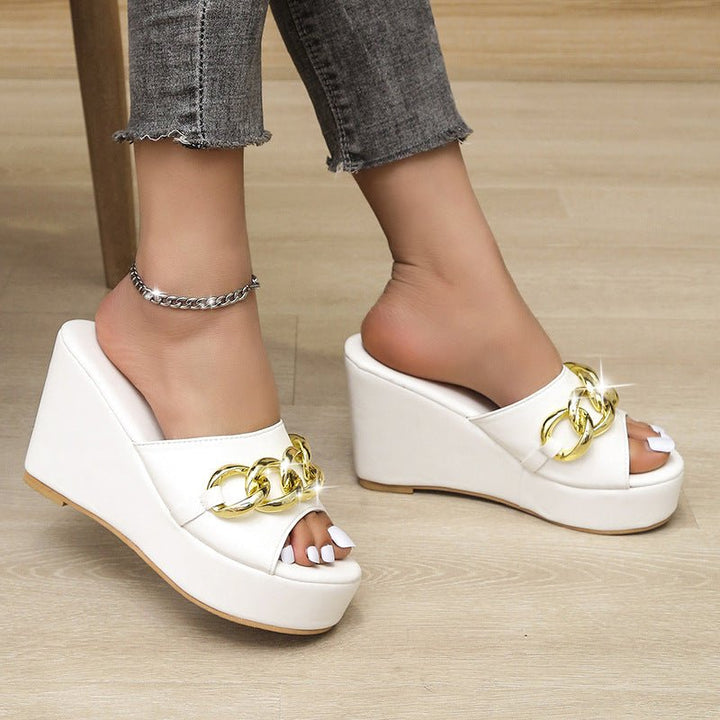 Gold Chain Shoes High Heel Wedges Slippers Women Slides Sandals - Muhaab