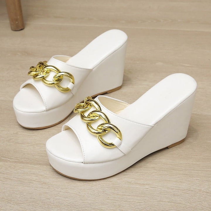 Gold Chain Shoes High Heel Wedges Slippers Women Slides Sandals - Muhaab