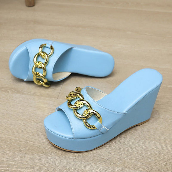 Gold Chain Shoes High Heel Wedges Slippers Women Slides Sandals - Muhaab