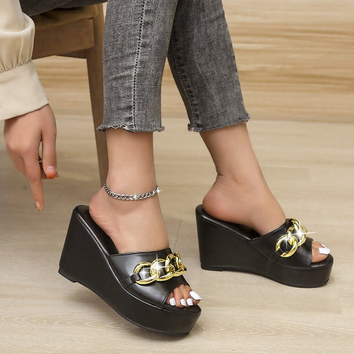 Gold Chain Shoes High Heel Wedges Slippers Women Slides Sandals - Muhaab