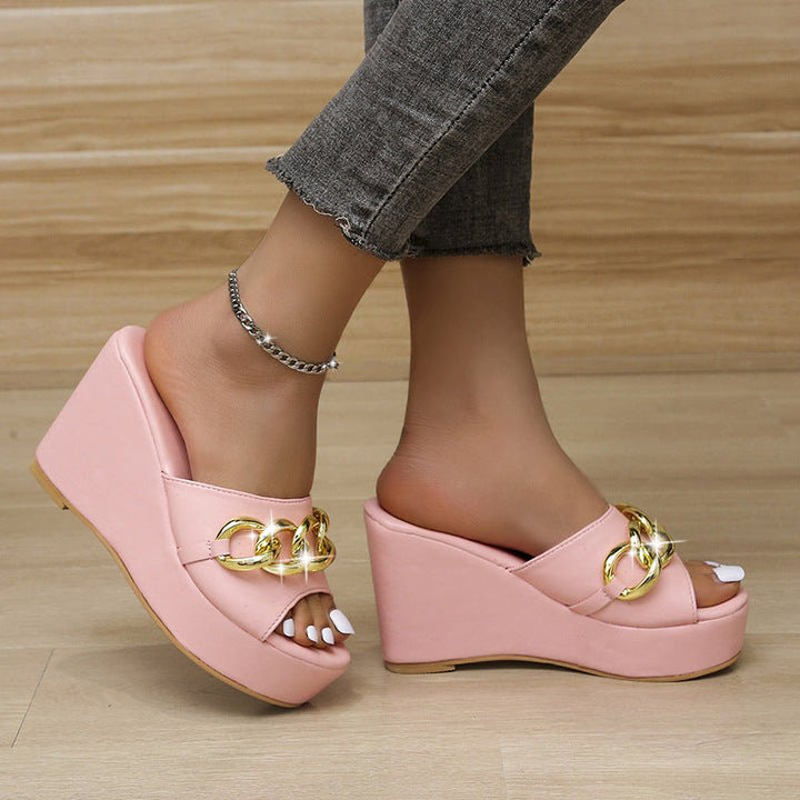 Gold Chain Shoes High Heel Wedges Slippers Women Slides Sandals - Muhaab